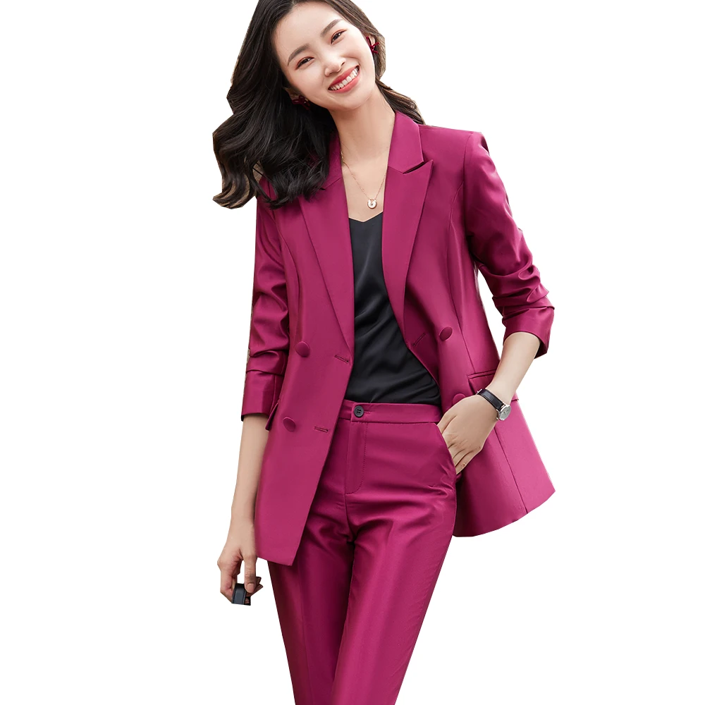 

High Quality Women Red Blue Black Pant Suit Formal Blazer and Trouser Female 2 Piece Set For Office Ladies Work Business Wear