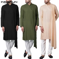 men shirt indian clothes long sleeve kurtas stand collar solid irregular hem long shirts men fashion muslim kaftan s 5xl incerun