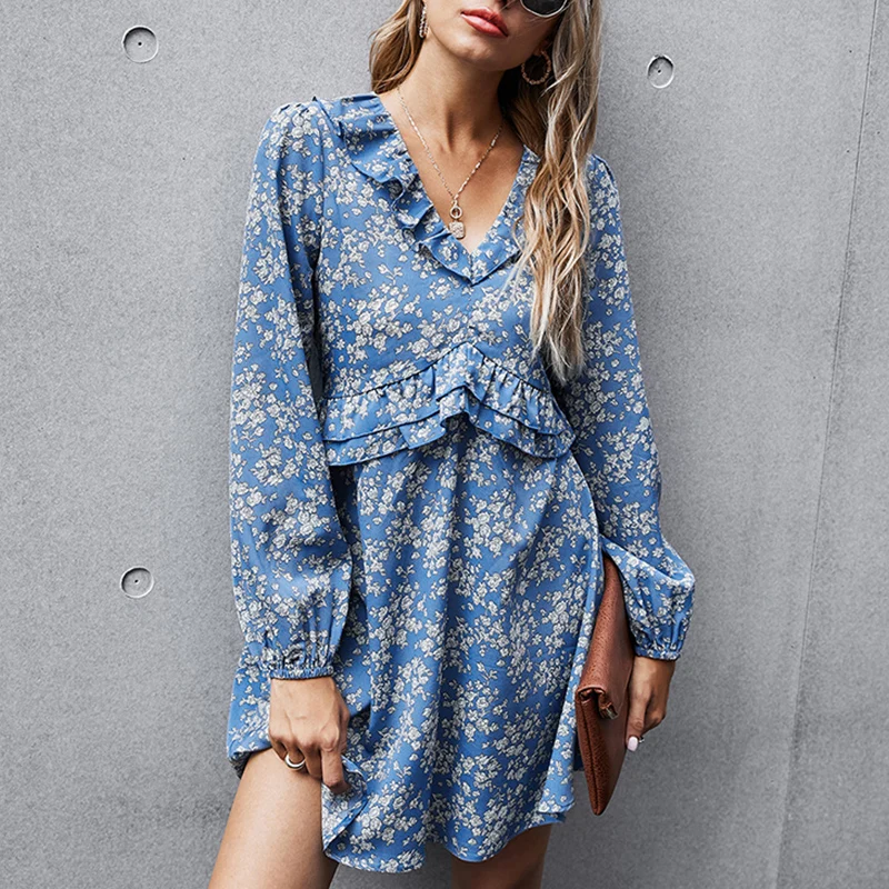 

KAISENDZ Floral Printing V Neck Ruffles Summer Dress Women Full Sleeve Short Dress Party Beach Boho Women Mini Dress 2021 New