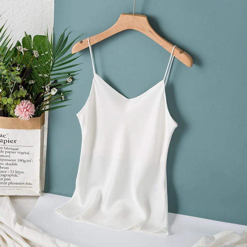 Gezelligheid Silk Tops For Women 2021 New Summer Sexy Elegant Casual  Bottom Loose Sleeveless V-Neck 100% Natural Silk Sling Top
