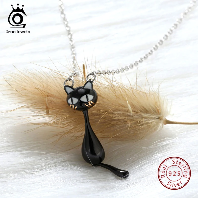 SN101 ORSA JEWELS, женские серьги из настоящего серебра, яркий черный цвет, кот, эмаль, дизайн, для девушек, серебряные, вечерние, ювелирное изделие - Цвет камня: SN101