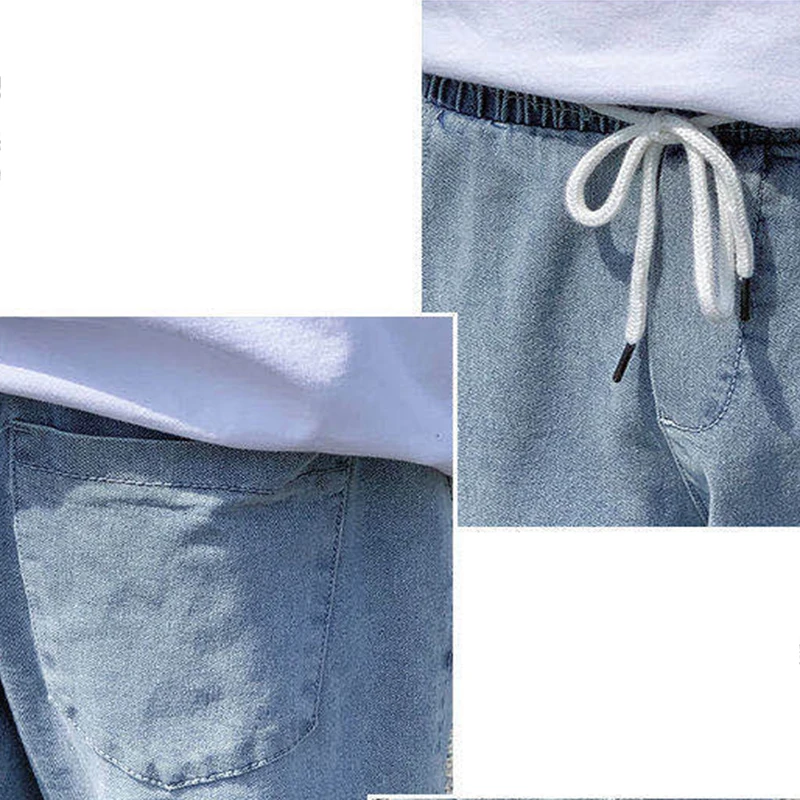 

Men Jeans Denim Solid Simple Elastic Waist Drawstring Plus Size 3XL Loose Straight Korean Fashion All-match Students New Casual