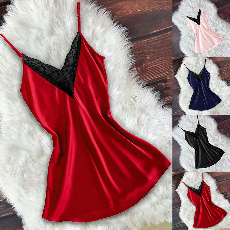 

Sexy Nightdress Sleepwear Women Lingerie Silk Satin Nightie Nightgown Female Plus Size Sleeveless Sling Nightwear Home Dress