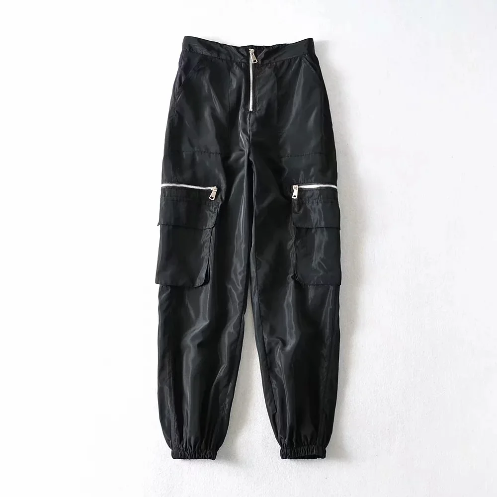 

Women's Black Chic Cargo Pants Spring Autumn Streetwear Long Slim Casual Pants Ladies Bf Style Carrot Pants Pocket Trousers