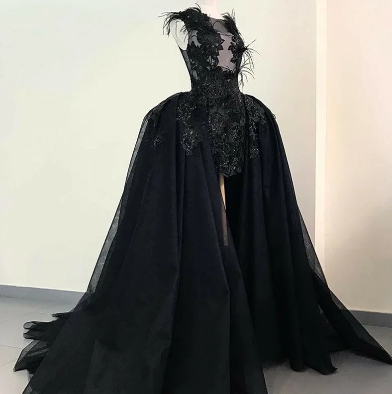 أسود النعامة ريشة فستان زفاف قصير قصير مع ذيل طويل قابل للانفصال الدانتيل زين Lakshmigown Vestidos de Nova