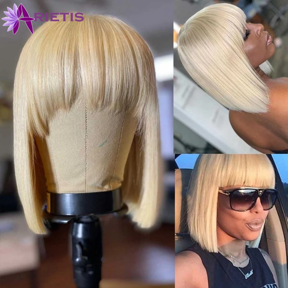 

613 Honey Blonde Straight Short Bob Wig With Bangs 150% Density Brazilian Human Hair Full Machine Wig with Bangs For Black Women