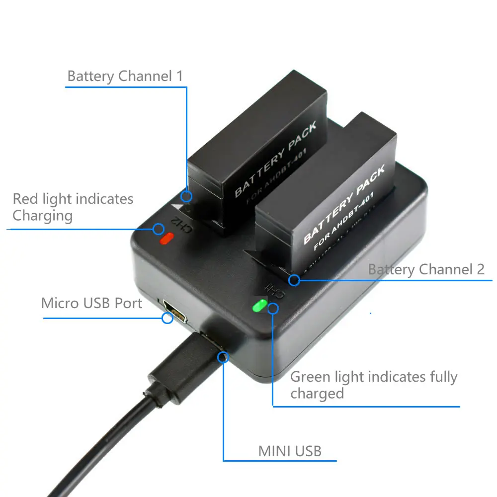 4 шт. 3 7 в 1600 мАч AHDBT-401 аккумулятор + зарядное устройство USB для GoPro HD HERO4 серебристые