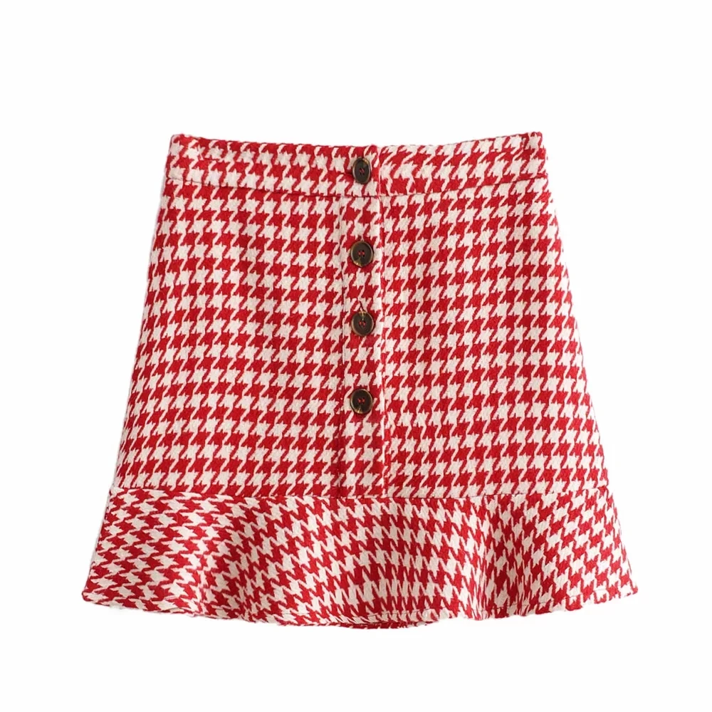 red plaid Новые винтажные женские твидовые мини юбки модные женские юбки с пуговицами спереди и оборками юбки с высокой талией для девочек женские jupe femme - Цвет: red plaid