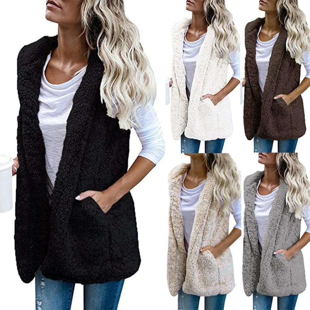 

FREE OSTRICH Vests Women Winter Casual hooded plush sleeveless Ladies jackets Drop Ship Women Coats
