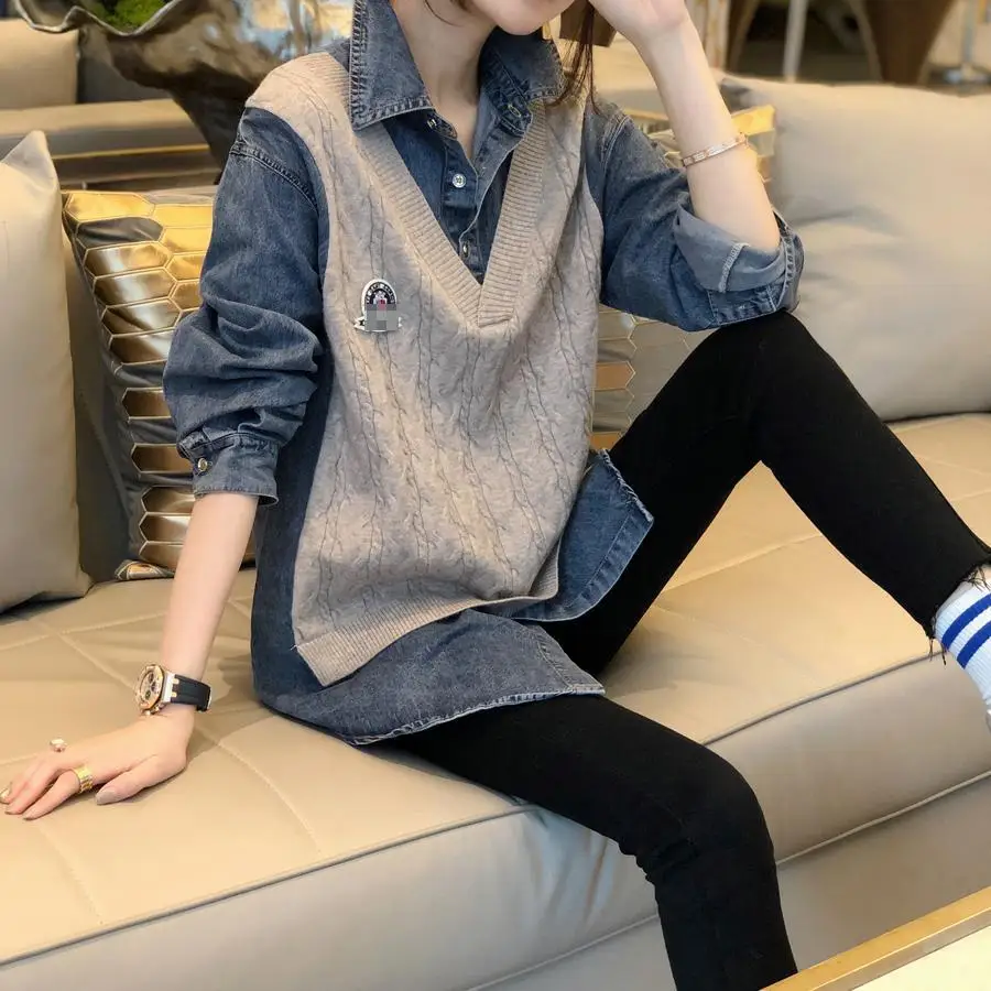 

2020 winter new European wool knitted vest women's splicing thickened denim shirt