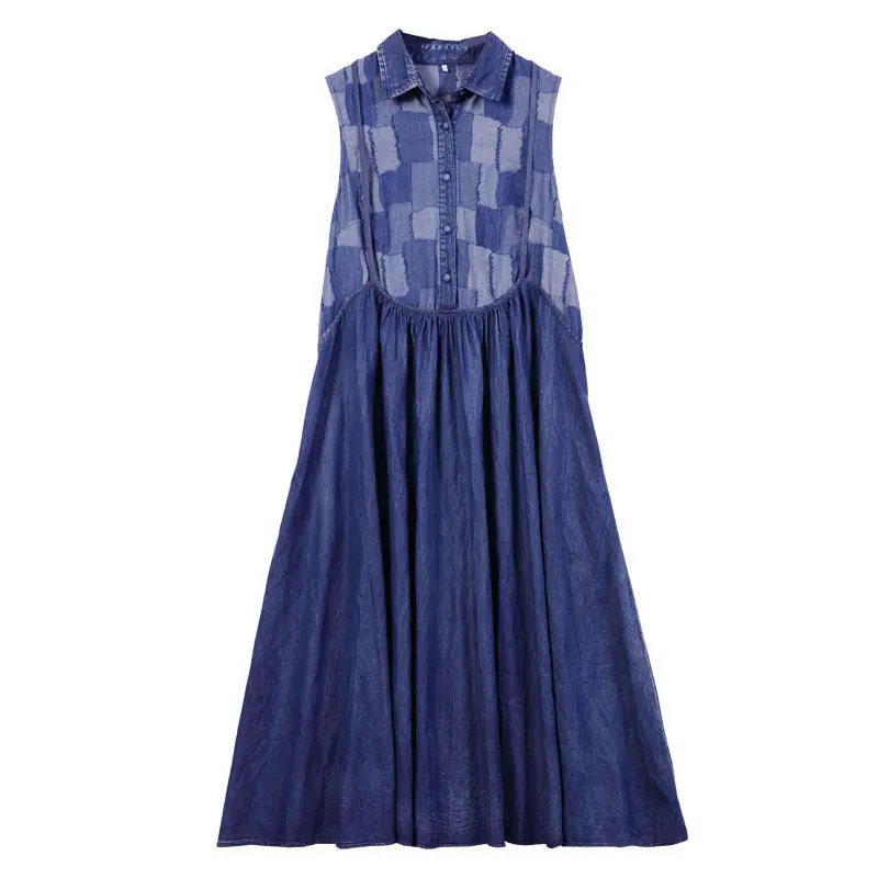 

XITAO Plaid Denim Patchwork Dress Draped Summer New False Two Pieces Casual Loose Women Sleeveless Temperament All-match WMD0499