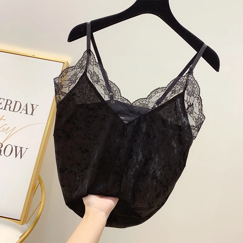 Женские Модные кружевные лоскутные велюровые майки с открытой спиной тонкие