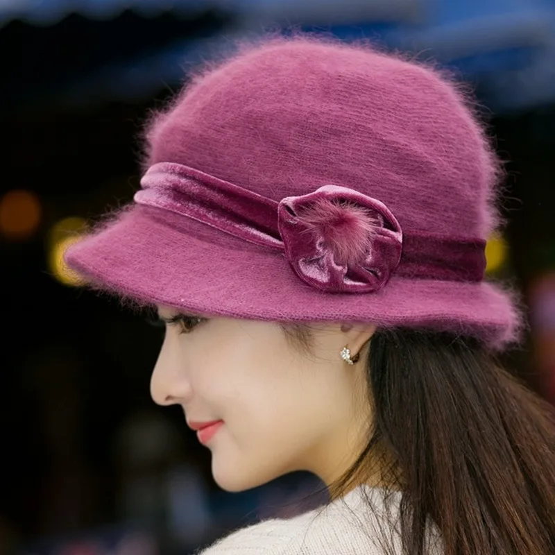 H7773 Women Warm Bucket Hat Female Winter Rabbit Hair Fisherman Cap Middle Age Mother Autumn Winter Thickened Plush Basin Hats