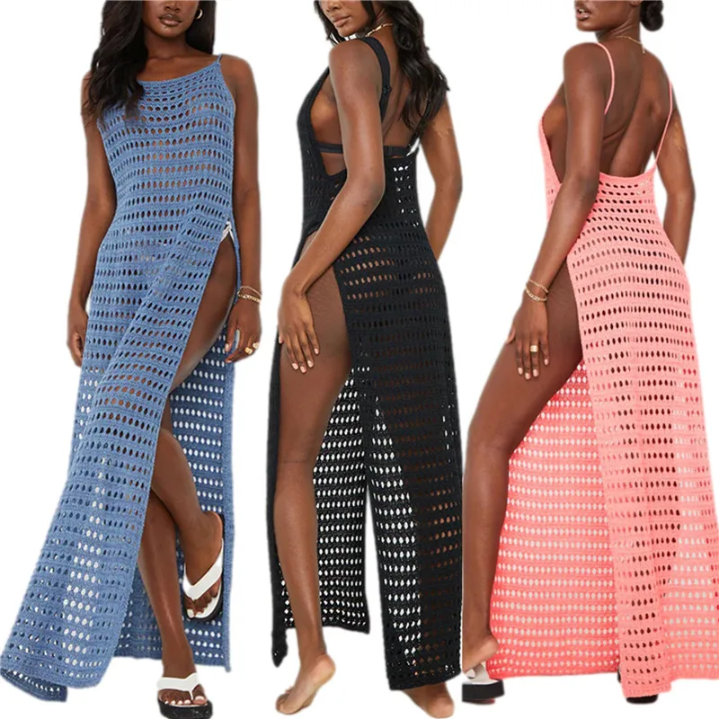 

Women's Crochet Hollow Out Beach Long Dress Sleeveless See-through High Split Swimsuit Cover Up Holiday Maxi Dresses Beach Wear