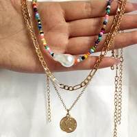 vintage irregular pearl beaded necklace women colorful acrylic bead strand portrait coin pendant multilayered necklaces new