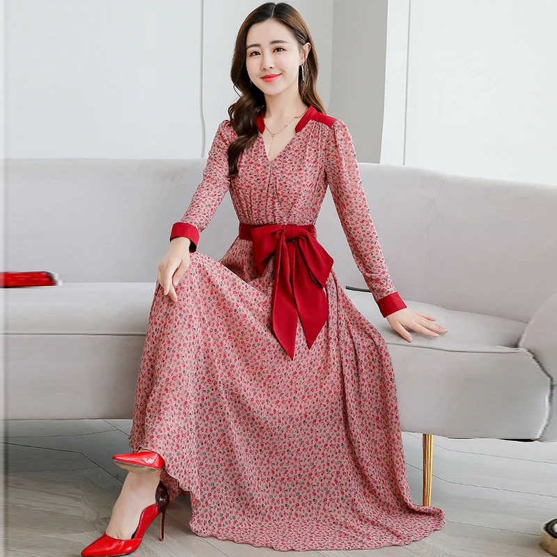 Цветочное платье с поясом и v образным вырезом длинным рукавом Осенние винтажные