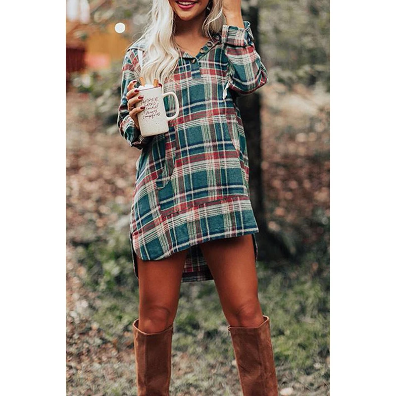 

2021 Green Button Placket Plaid Mini Dress With High/Low Hem Vestido De Mujer Femme Robe Bodycon Kobieta Sukienka XL