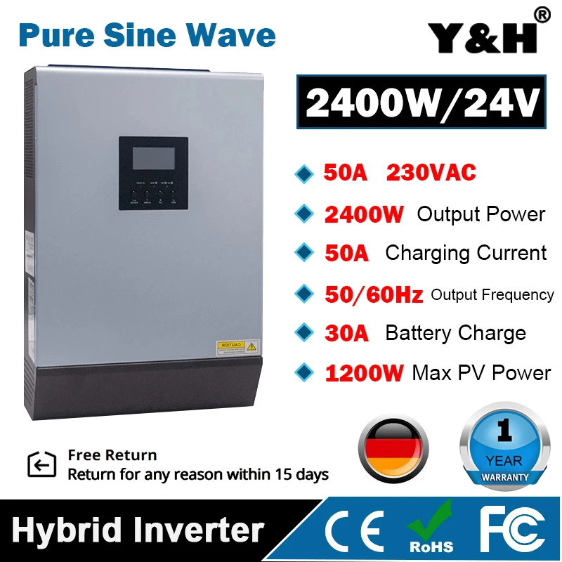 

Y&H Solar Inverter 3KVA 24V 220V Hybrid Inverter Pure Sine Wave Built-in 50A PWM Solar Charge Controller Battery Charger
