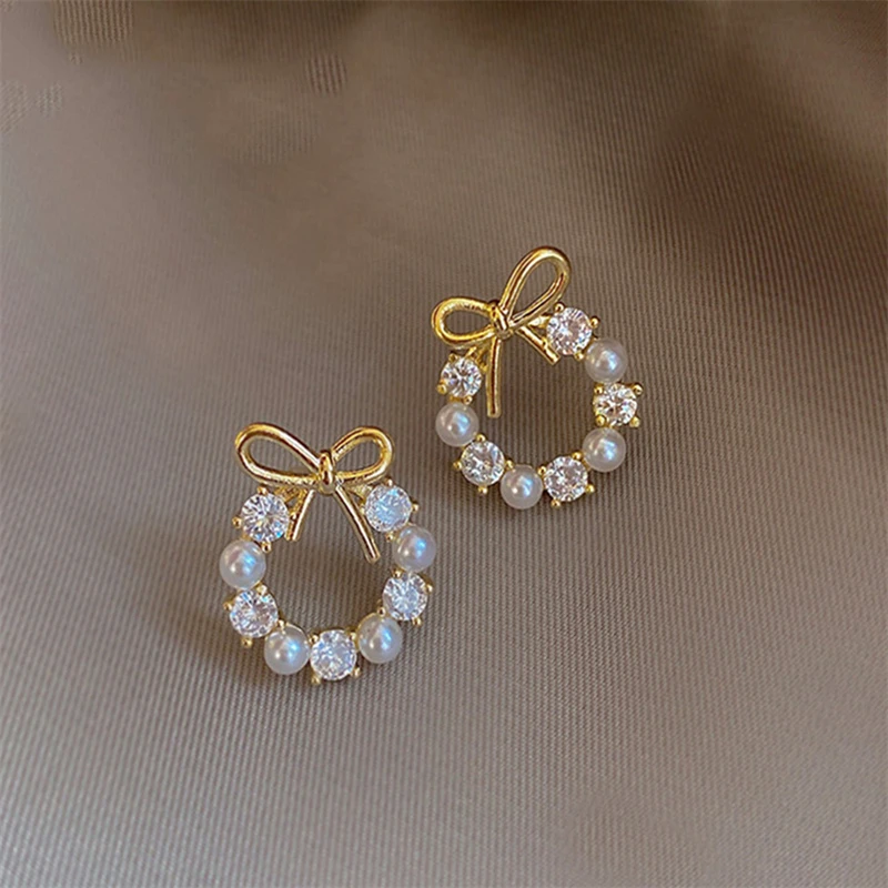

Elegant Temperament Bow Earrings Exquisite Simple Shiny Rhinestone Pearl Earrings Ladies Girls Jewelry Party Accessory Best Gift