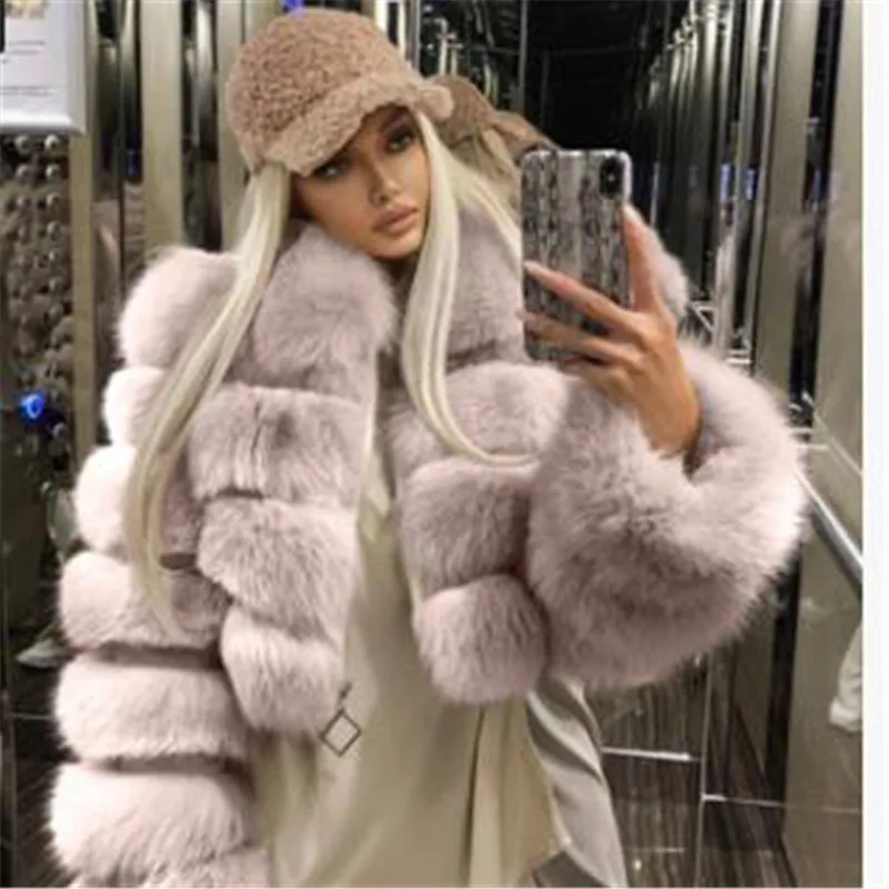 

2020 New Winter Faux Fur Coat Fashion Short Lapel Imitation Fox Fur Stripe Cut Ourterwear Streetwear Ladies Tops Chic Thin Coat