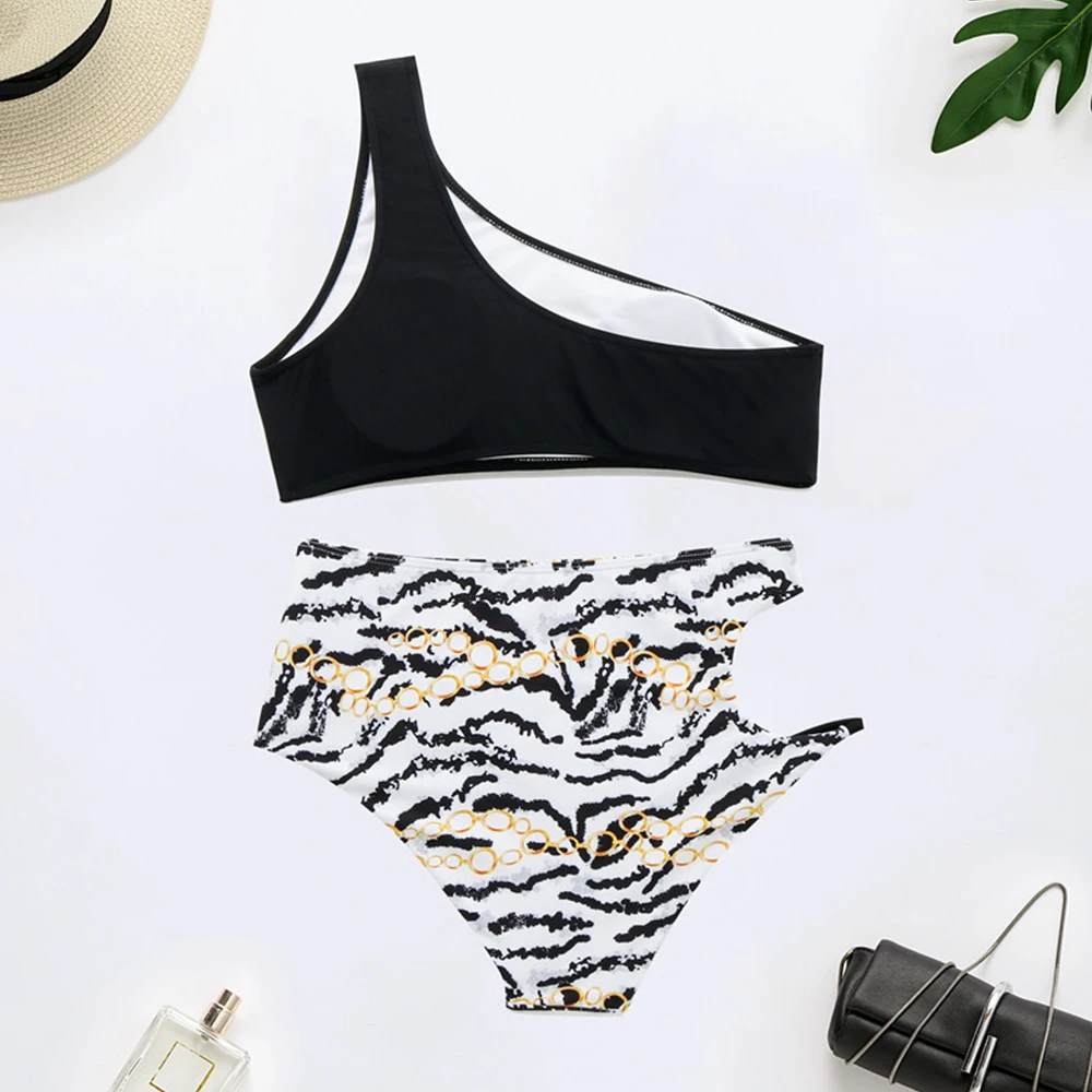 

2021 NEW One Shoulder Bikini Women High Waist Swimsuit Female Sexy Hollow Out Bikini Set Bather