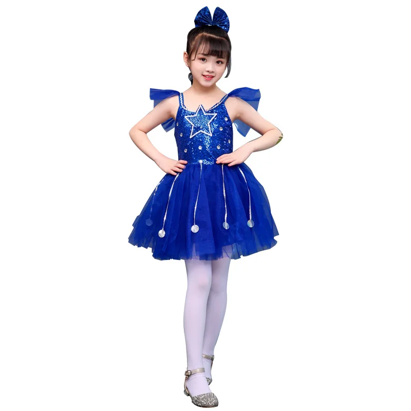 

Dance Clothes Costumes Children 's Blue Fluffy Skirt Girls Chorus Dance Dress Gauze Skirt Girl Jazz Dance Performance Star Lace