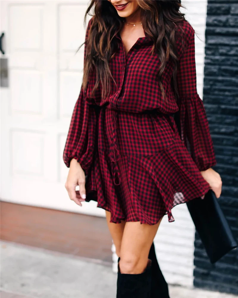 

Autumn Spring Dress Women Casual Plaid Shirt Slim party Dress office lady Long Sleeve Mini Dresses With Belt Vestidos femme robe
