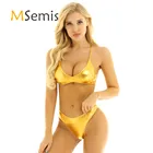 Женский Блестящий купальник-бикини с металлическим блеском, купальный костюм, укороченный топ с перекрестными лямками на спине и трусы с низкой посадкой, нижнее белье, летняя пляжная одежда