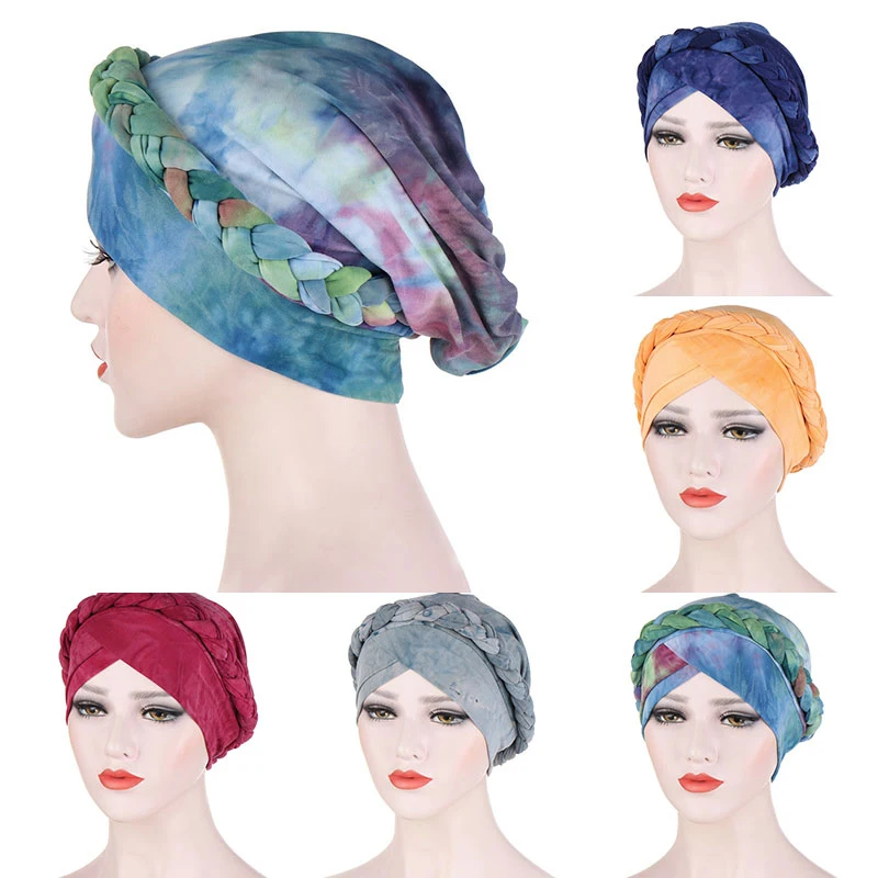 

Women Tie-dye Print Muslim Hats Head Cover Round Bonnet Hat Braided Headwrap Night Cap Sleep Caps Turban Hat Hair Accessories