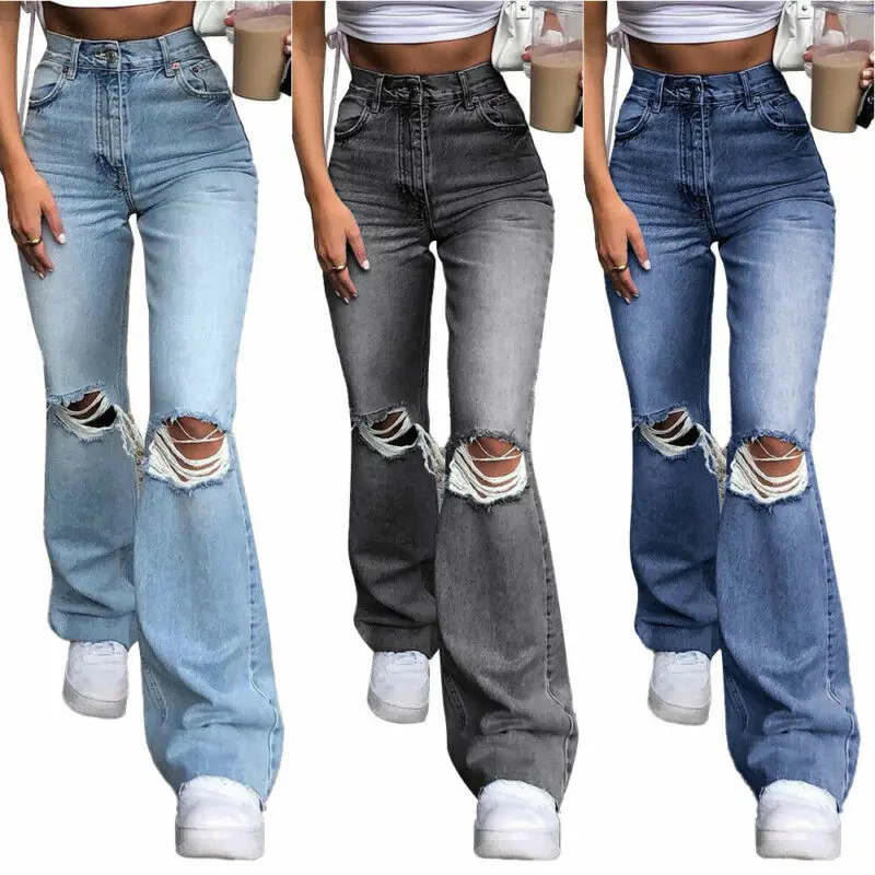 

Nice Hole Jeans Women Flare Pants Womens High Waist Ripped Distressed Jeans Streetwear Trousers Flared Denim Pants