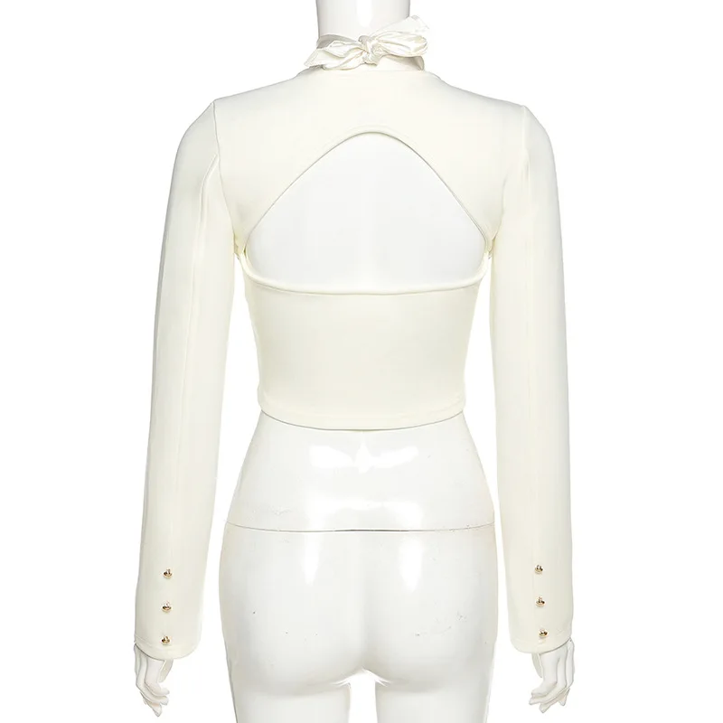 

Autumn Button Slim Crop Top Women Hollow Backless Elegant T-shirts Fashion Party White Casual Top Shirt Office Ladies Clothes