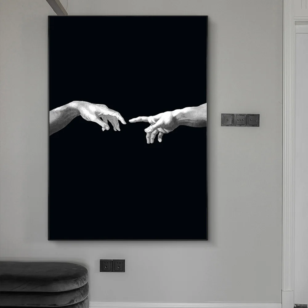 

Hand To Hand on Black Ground Canvas Paintings on The Wall Art Posters Decor Creation of Adam Creativity Canvas Art Pictures