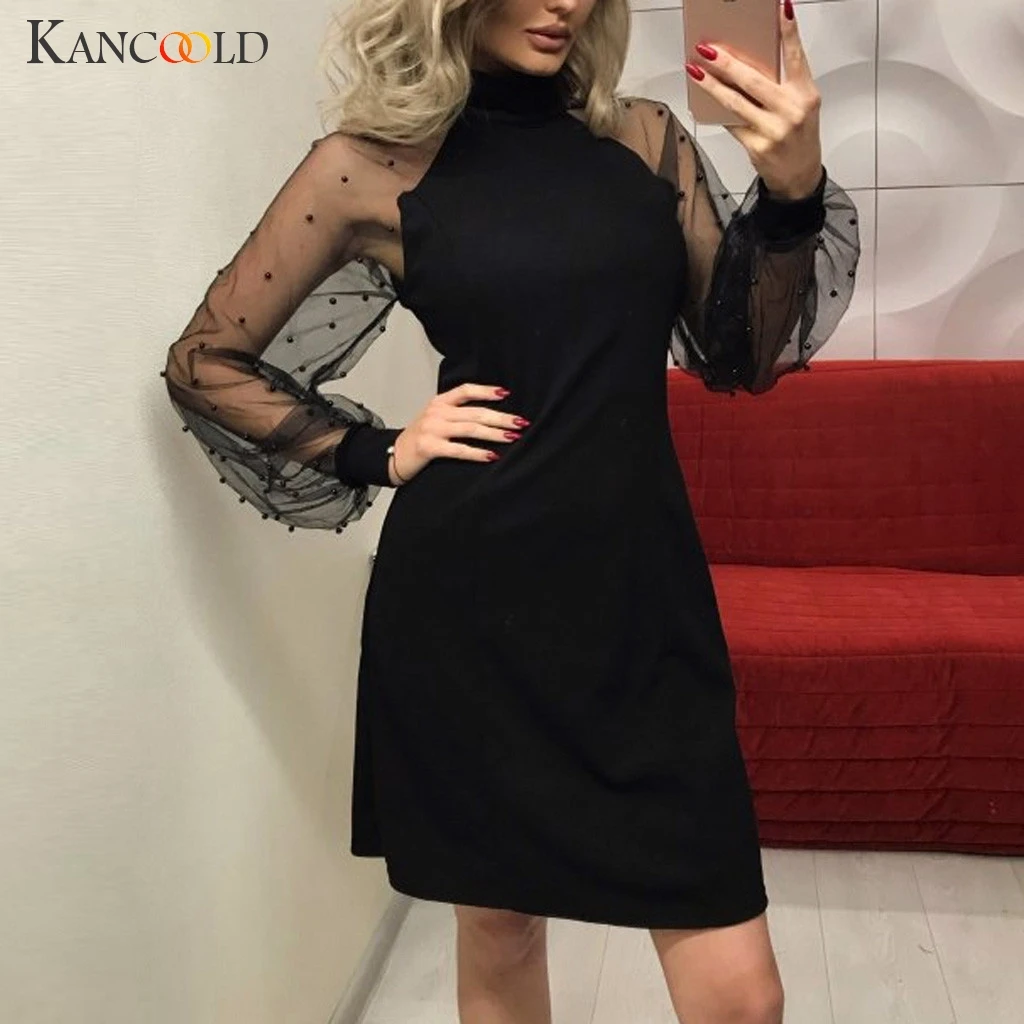 KANCOOLD женское платье с жемчугом и бусинами Сетчатое длинным рукавом а силуэт Мини