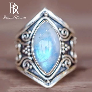 Кольцо с лунным камнем для мужчин и женщин, из серебра 925 пробы