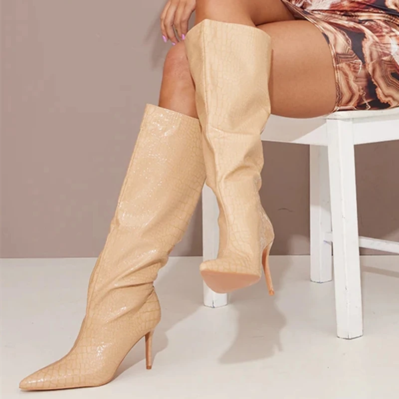 Knee High Crocodile Print Upper Short High Heel Boots Fashion Pointy Toe Light Winter Shoes Women's Booty Big Size 43