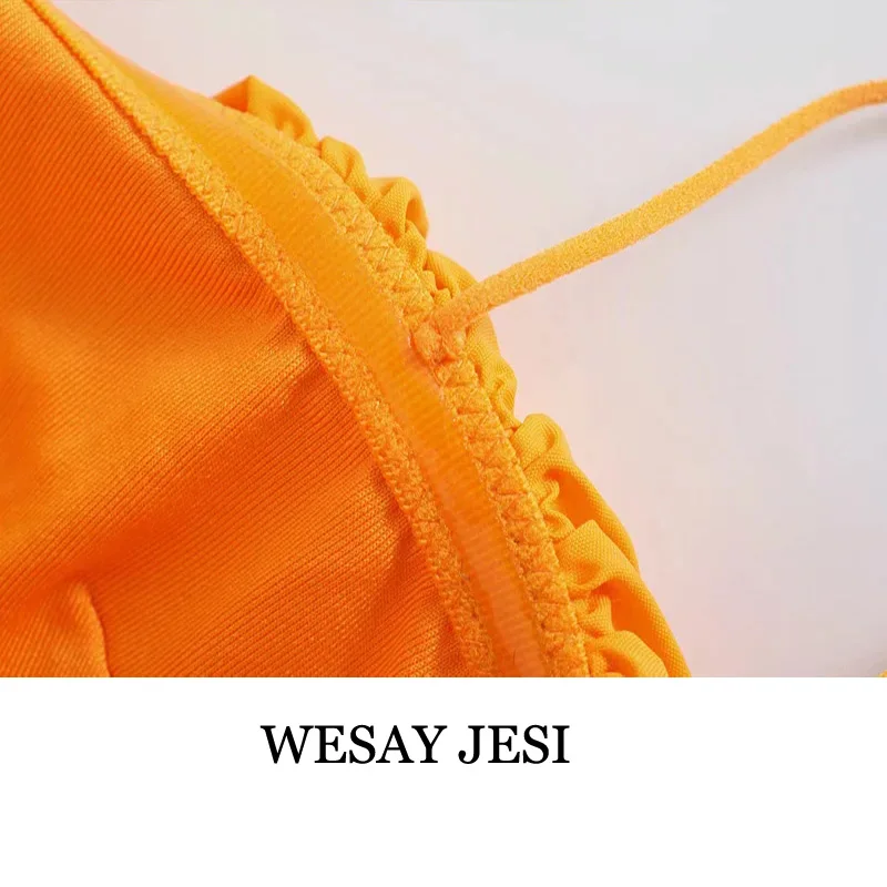 

WESAY JESI 2021 Summer New Women's Narrow-Band Bikini Sling Top With Folds Fashion Orange Bright, Thin And White