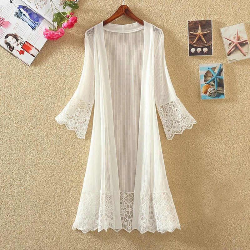 

Women Chiffon Tunic Kimono Cardigan Lace Long Shirt Hollow Out Loose Ladies Cardigans 2021 Spring Summer Shirts Female