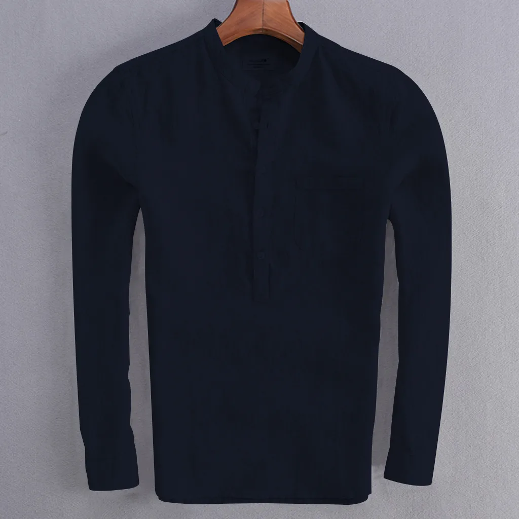 Мужская винтажная рубашка однотонная льняная на пуговицах Ретро с длинным