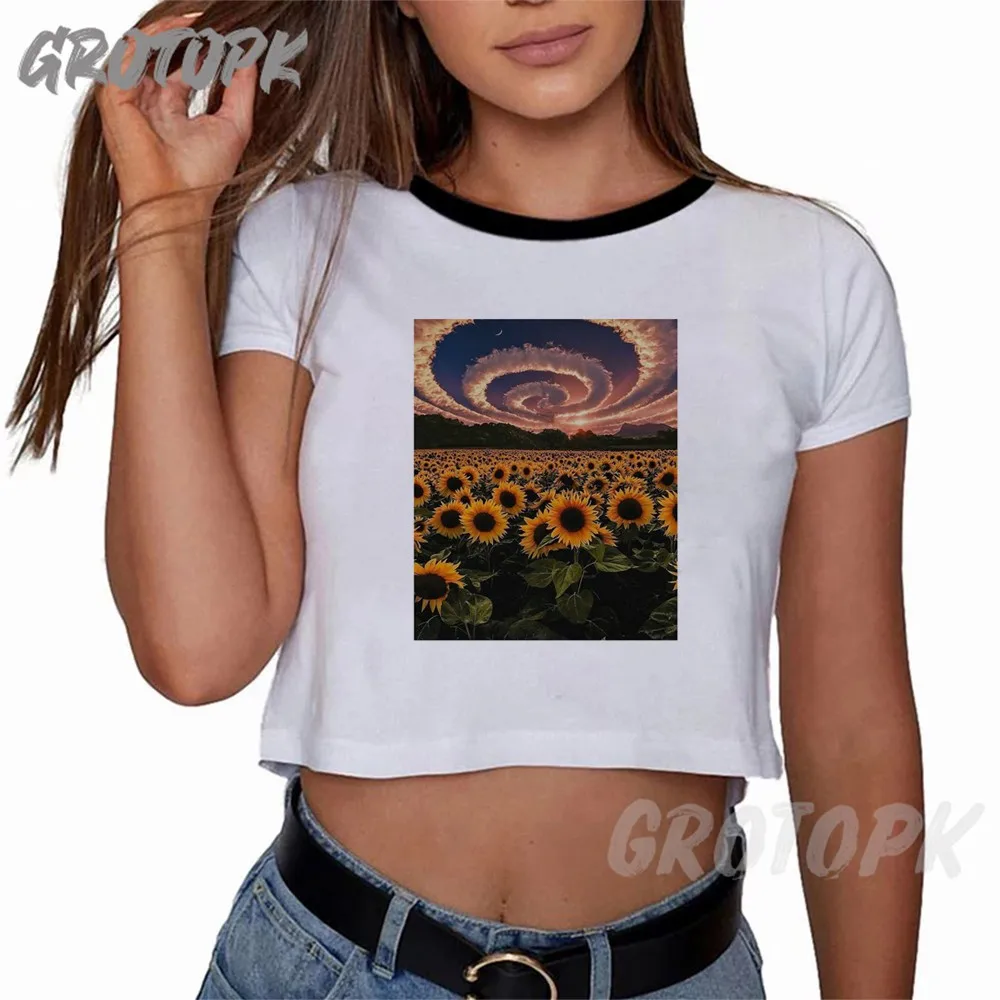 

Women Sunflower Floral Printed T Shirt Women Summer Crop Tops Short Sleeve T-shirt Korean Fashion Streetwear Vogue Crop T-shirt