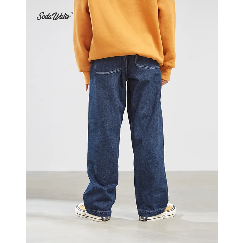 SODAWATER Men Straight Jeans Streetwear 100% Cotton Blue Denim Pants 2019 Fall Harajuku Loose Stretch Trousers 94193SS | Мужская одежда