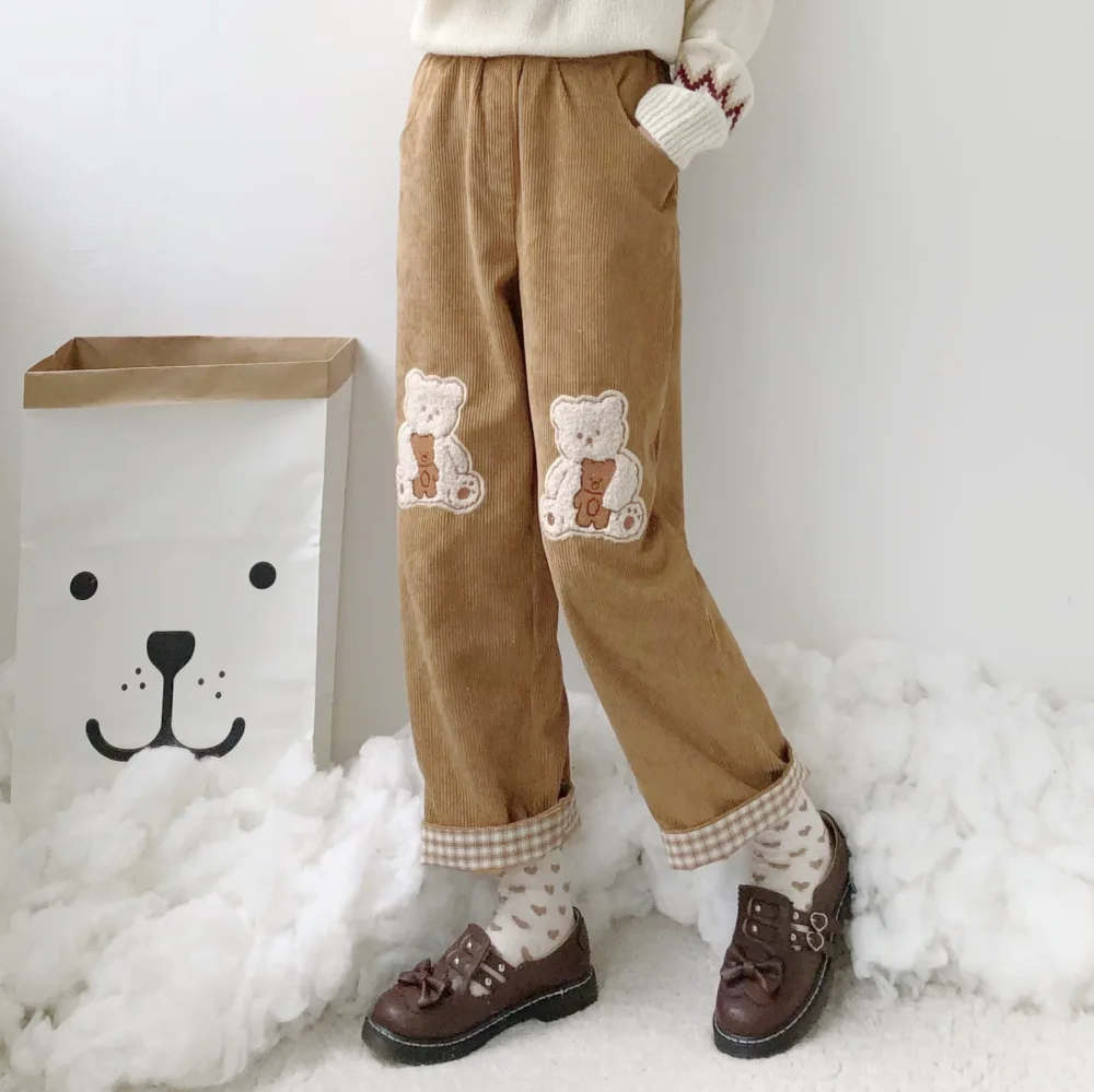 

Cute Bear Kawaii Pants Women's Thick Casual Korean Style Pants Autumn Winter Students Plus Velvet Wide-leg Ankle-Length Pants