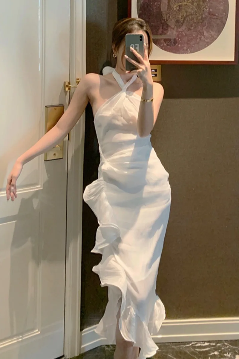 

Dresses for Women Summer Sexy Temperament Ruffled Fishtail Halter Suspender Dress for Women Summer Dresses