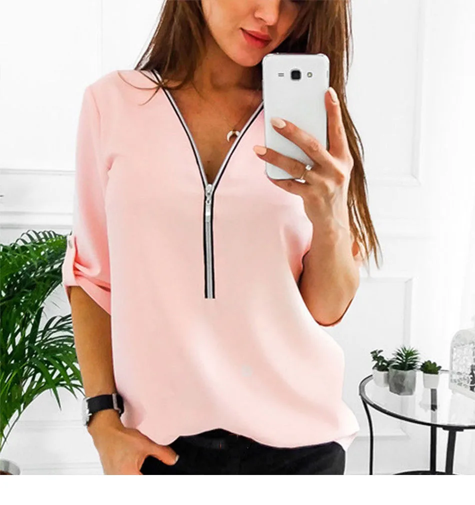 

Spring Zipper Short Sleeve Women Shirts Sexy V Neck Solid Women Top Blouses Casual Tee Shirt Tops Female Plus Sizes