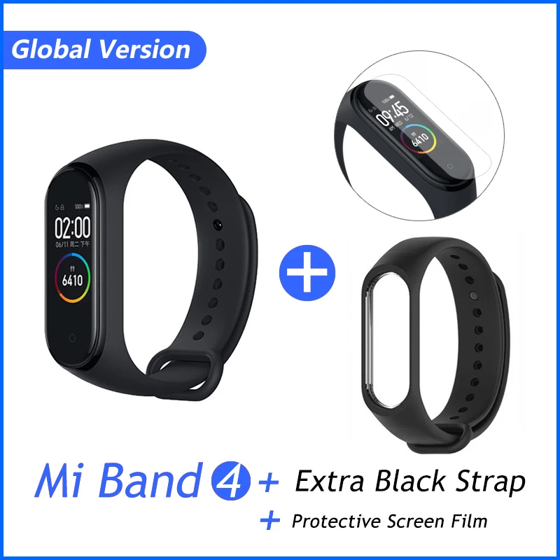 GB Black Film Фирменный Xiaomi mi браслет 4 браслет mi Band 4 фитнес-браслет 3 цвета AMOLED экран музыкальный контроль Smartband - Цвет: GB Black Film
