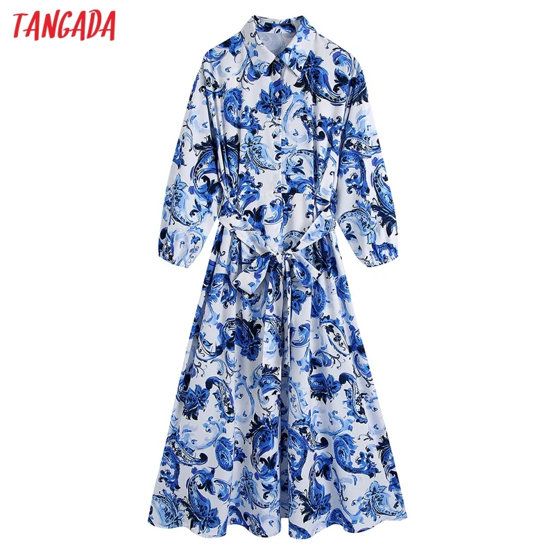 

Tangada 2021 Fashion Women Print Dress with Slash Vintage Office Ladies Midi Dress CE203