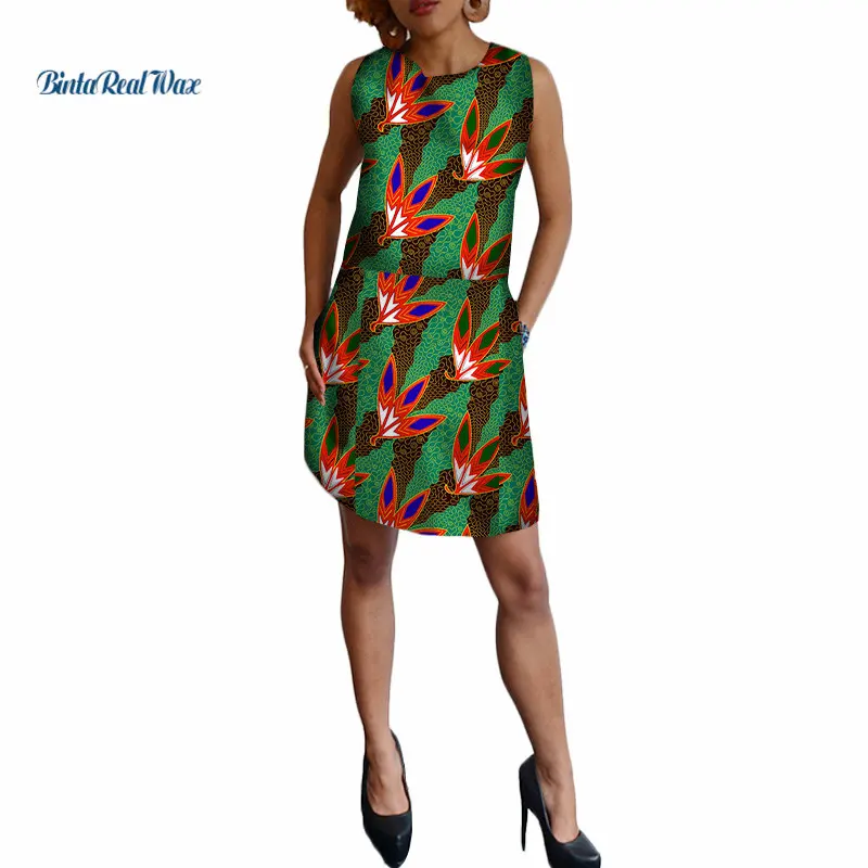 

New African Print Dresses for Women Custom Bazin Riche Mini Dress with Pocket Traditional Women African Style Clothing WY417