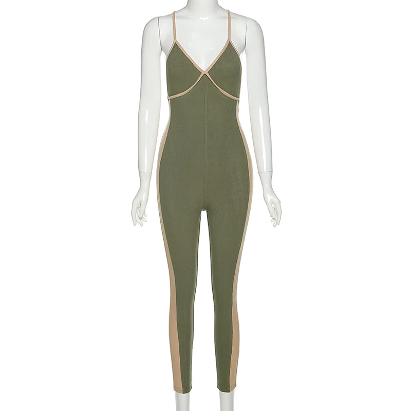 

2020 summer fashion v-neck bandage camisole sleeveless jumpsuits fitness color patchwork activewear sporty workout outfit
