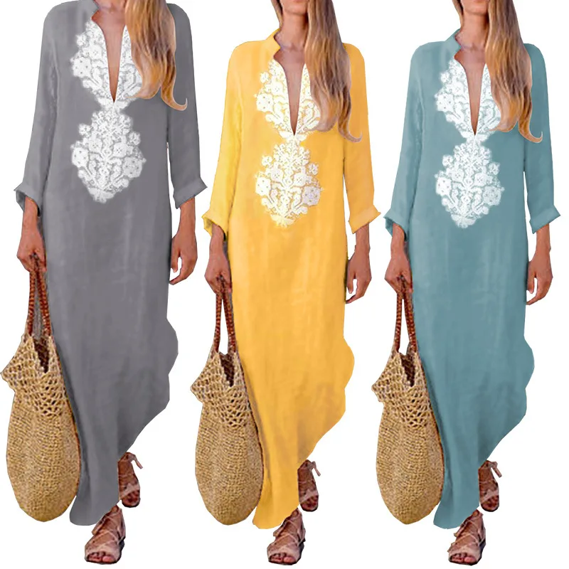 

European And American Fashion Clothes Boho Casual Wear Loose Long Sleeve Cotton Linen Women's Spring Autumn Fall Winter Dress