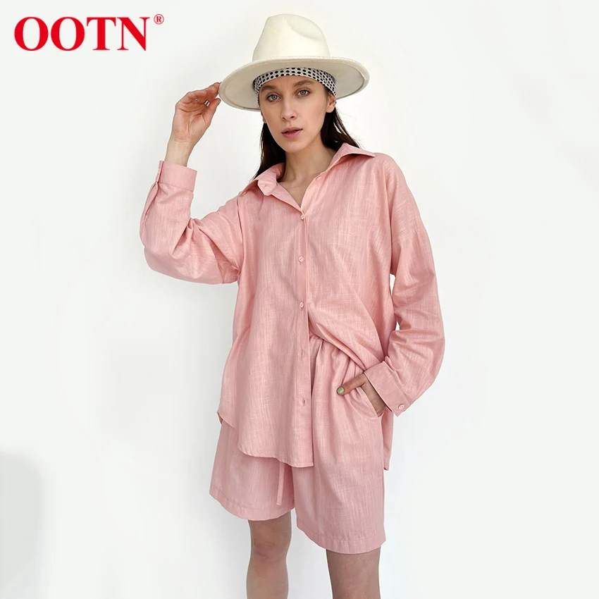 

Женская льняная Свободная рубашка OOTN, шорты на завязках, летний костюм с отложным воротником, блузка с длинными рукавами, шорты на шнуровке, ...