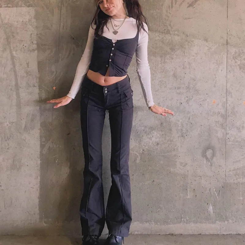 

Fashion Slim Low-waist Flared Pants Solid Color Y2K Pants Retro British Autumn Casual Fashion Black 2021 New Trousers Women